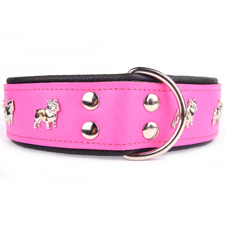 Lederhalsband Bulldogge pink-schwarz 65x4